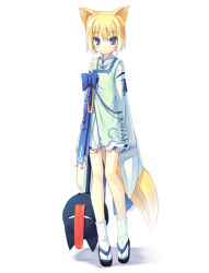 Rule 34 | 1girl, animal ears, blonde hair, blue eyes, fox ears, kitsune (poko), kuroino (poco), legs, original, poco (asahi age), ribbon, shiratama kitsune, socks, solo, tail