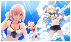 Rule 34 | 3girls, aki (neyuki41028), alternate costume, armpits, artoria pendragon (all), artoria pendragon (fate), artoria pendragon (swimsuit archer) (fate), artoria pendragon (swimsuit archer) (second ascension) (fate), bare arms, bikini, blonde hair, blue eyes, breasts, closed eyes, cloud, cloudy sky, crop top, day, fate/apocrypha, fate/grand order, fate/stay night, fate (series), front-tie top, hair over one eye, long hair, looking at viewer, looking to the side, mash kyrielight, medium breasts, mordred (fate), mordred (fate) (all), mordred (fate/apocrypha), mordred (swimsuit rider) (fate), mordred (swimsuit rider) (first ascension) (fate), mother and daughter, multiple girls, ocean, one eye closed, open mouth, outdoors, purple eyes, purple hair, red bikini, saber (fate), shirt, short hair, short ponytail, shorts, sky, sleeveless, sleeveless shirt, smile, splashing, swimsuit, water gun, white bikini