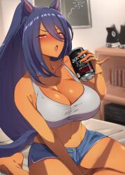 1girl alcohol alternate_costume alternate_hairstyle animal_ears bare_shoulders barefoot black_hair blue_shorts blush breasts commentary_request commission dolphin_shorts drunk fang grey_tank_top hair_between_eyes highres hishi_amazon_(umamusume) horse_ears horse_girl horse_tail indoors jewelry large_breasts long_hair navel on_bed open_mouth ponytail red_eyes ring short_shorts shorts sitting skeb_commission smoke_klll solo stomach tail tank_top umamusume v-shaped_eyebrows wedding_ring window