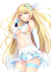 Rule 34 | 1girl, alternate costume, aqua eyes, arm behind back, armpits, azur lane, bad id, bad pixiv id, bag, bare shoulders, bikini, bikini skirt, blonde hair, bow, breast curtains, breasts, bridal garter, cameltoe, centaur (azur lane), closed mouth, collarbone, green eyes, hair bow, hair ornament, highres, long hair, looking at viewer, medium breasts, navel, open mouth, pink lips, pointy ears, see-through, shiro usagi, sidelocks, simple background, smile, solo, stomach, strapless, swimsuit, tube top, underboob, very long hair, water, white background, white bikini
