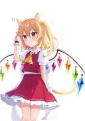 Rule 34 | 1girl, absurdres, animal ear fluff, animal ears, arm up, ascot, back bow, blonde hair, bow, breasts, cat ears, cat tail, closed mouth, collared shirt, commentary request, crystal, flandre scarlet, frills, gem, grey bow, grey shirt, hair between eyes, hand up, highres, looking to the side, multicolored wings, no headwear, one side up, puffy short sleeves, puffy sleeves, red eyes, red skirt, red vest, shirt, short hair, short sleeves, simple background, skirt, skirt set, small breasts, solo, tail, touhou, vest, white background, wings, wrist cuffs, yada (xxxadaman), yellow ascot
