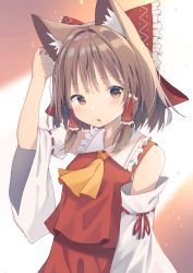 Rule 34 | 1girl, animal ear fluff, animal ears, ascot, bow, brown eyes, brown hair, cat ears, collared shirt, commentary, detached sleeves, frilled bow, frilled shirt collar, frills, hair bow, hair tubes, hakurei reimu, hand on own ear, highres, kemonomimi mode, light blush, long hair, looking at viewer, mamemochi, medium hair, nontraditional miko, open mouth, red bow, red shirt, red skirt, ribbon-trimmed sleeves, ribbon trim, shirt, sidelocks, skirt, skirt set, sleeveless, sleeveless shirt, solo, standing, touhou, upper body, white sleeves, yellow ascot