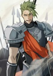 Rule 34 | 1boy, absurdres, achilles (fate), armor, battlefield, black shirt, brown eyes, dust, fate/apocrypha, fate (series), gauntlets, green hair, haruakira, highres, holding, holding polearm, holding weapon, looking at viewer, male focus, muscular, muscular male, open mouth, orange sash, polearm, ribbed shirt, shirt, short hair, spear, turtleneck, weapon