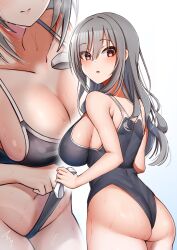 Rule 34 | 1girl, adjusting clothes, adjusting swimsuit, artist request, ass, blush, breasts, character request, clothes pull, copyright request, frontal wedgie, grey hair, highres, large breasts, legs, long hair, looking at viewer, looking back, navel, one-piece swimsuit, one-piece swimsuit pull, open mouth, red eyes, sideboob, solo, sweat, swimsuit, thick thighs, thighs, wedgie
