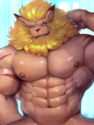 Rule 34 | 1boy, abs, animal ears, arm behind head, bara, blonde hair, blue eyes, brown fur, completely nude, digimon, digimon (creature), earrings, fuga9, furry, furry male, groin, jewelry, large pectorals, leomon, lion boy, lion ears, male focus, muscular, muscular male, navel, nipples, nude, pectorals, scar, scar across eye, scar on arm, scar on face, short hair, smile, solo, stomach