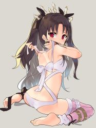 Rule 34 | 1girl, :o, absurdres, ass, bare arms, bare shoulders, barefoot, bikini, black bow, black hair, blush, bow, breasts, butt crack, commentary request, covered erect nipples, earrings, fate/grand order, fate (series), grey background, hair bow, highres, hoop earrings, ishtar (fate), ishtar (swimsuit rider) (fate), jewelry, long hair, looking at viewer, looking back, omucchan (omutyuan), parted bangs, parted lips, red eyes, simple background, single leg pantyhose, sitting, small breasts, soles, solo, sweat, swimsuit, tiara, two side up, tying, very long hair, wariza, white bikini, white bow