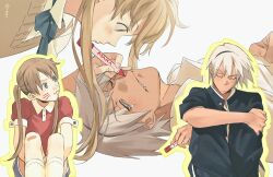 Rule 34 | 1boy, 1girl, ann yasu d, blue eyes, closed eyes, collared shirt, drawing on another&#039;s face, drawn whiskers, highres, holding, holding marker, long hair, maka albarn, marker, outline, red shirt, shirt, short hair, short sleeves, simple background, sitting, soul eater, soul evans, twintails, white background, yellow outline