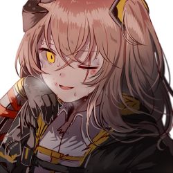 Rule 34 | brown hair, bruise, collared shirt, crossed bangs, damaged, dirty, fingerless gloves, girls&#039; frontline, gloves, hair between eyes, hair ornament, hand up, headgear, injury, jacket, long hair, looking at viewer, mod3 (girls&#039; frontline), one eye closed, one side up, open mouth, scar, scar across eye, scar on face, shirt, silence girl, simple background, smile, solo, strap, sweat, ump45 (girls&#039; frontline), ump45 (mod3) (girls&#039; frontline), upper body, white background, yellow eyes