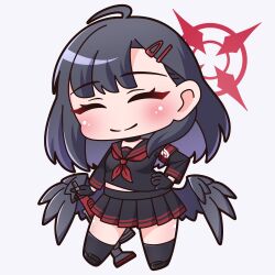 Rule 34 | 1girl, ^ ^, absurdres, ahoge, black footwear, black gloves, black hair, black sailor collar, black serafuku, black shirt, black skirt, black socks, black wings, blue archive, blush, breasts, chibi, closed eyes, closed mouth, commentary request, em-2, feathered wings, full body, gloves, grey background, gun, hair ornament, hairclip, halo, hand on own hip, highres, holding, holding gun, holding weapon, ichika (blue archive), kneehighs, loafers, low wings, midriff peek, neckerchief, pleated skirt, red neckerchief, sailor collar, saishosaisekojo, school uniform, serafuku, shirt, shoes, simple background, skirt, small breasts, socks, solo, standing, weapon, wings