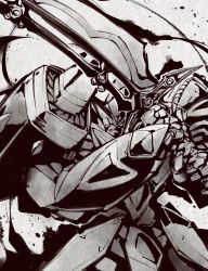 Rule 34 | absurdres, clenched teeth, grey background, greyscale, grungust ichishiki, highres, holding, holding sword, holding weapon, ishiyumi, looking at viewer, mecha, monochrome, no humans, robot, science fiction, solo, super robot, super robot wars, super robot wars original generation, sword, teeth, weapon