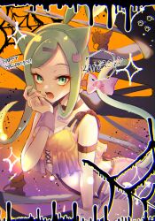Rule 34 | 1girl, :o, alternate costume, arched back, arm strap, choker, collarbone, commentary request, creatures (company), eyelashes, from side, game freak, gen 3 pokemon, gen 5 pokemon, green eyes, green hair, hair ornament, hairclip, halloween, hand up, happy halloween, highres, lisia (pokemon), looking at viewer, nintendo, open mouth, orange background, pokemon, pokemon (creature), pokemon oras, purrloin, sidelocks, skitty, sparkle, ssn (sasa8u9r), teeth, tongue, wrist cuffs