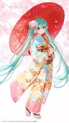 Rule 34 | 1girl, aqua eyes, aqua hair, aqua nails, blush, cherry blossoms, commentary request, crypton future media, flat chest, floral print, flower, full body, fuumi (radial engine), hair between eyes, hair flower, hair ornament, hatsune miku, highres, holding, japanese clothes, kimono, long hair, long sleeves, looking at viewer, obi, oil-paper umbrella, piapro, sandals, sash, smile, solo, standing, tabi, twintails, umbrella, very long hair, vocaloid, wide sleeves, zouri