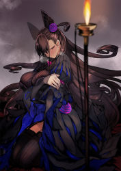 Rule 34 | 1girl, black dress, blurry, blurry foreground, blush, breasts, breath, brown hair, candlelight, cone hair bun, double bun, dress, fate/grand order, fate (series), frills, garter straps, hair between eyes, hair bun, hair ornament, half-closed eyes, highres, holding own arm, hyocorou, large breasts, long hair, long sleeves, looking at viewer, murasaki shikibu (fate), puffy sleeves, purple eyes, sitting, sleeves past wrists, solo, thighhighs, two side up, umbrella, very long hair