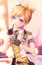 Rule 34 | 1boy, artist name, black gloves, black necktie, blonde hair, buttons, collared shirt, commentary request, gloves, green eyes, hand up, highres, hinata mizuiro, index finger raised, kagamine len, looking at viewer, male focus, more more jump! (project sekai), more more jump! len, necktie, parted lips, project sekai, shirt, short hair, short sleeves, solo, upper body, vocaloid