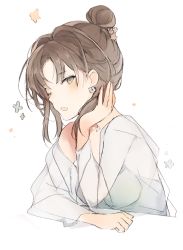 Rule 34 | 1girl, :o, blush, breasts, brown hair, camisole, grey eyes, hair bun, hand up, looking at viewer, lpip, medium breasts, open mouth, original, parted bangs, see-through, simple background, single hair bun, solo, white background