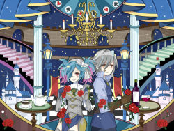 Rule 34 | 1boy, 1girl, armor, blue hair, bottle, bow, brown eyes, castle, coffee, coffee mug, coffee pot, cup, drinking glass, fire emblem, fire emblem fates, flower, gloves, grey hair, hair over one eye, hairband, lamp, laslow (fire emblem), leaf, mug, multicolored hair, nintendo, open mouth, peri (fire emblem), pink eyes, pink hair, rose, stairs, star (symbol), twintails, two-tone hair, wine bottle, wine glass, yuyu (spika)