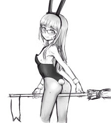 Rule 34 | 1girl, animal ears, ass, blush, breasts, breastsnipples, broom, broom riding, closed mouth, fake animal ears, fake tail, fishnet pantyhose, fishnets, glasses, greyscale, leotard, long hair, looking at viewer, monochrome, pantyhose, perrine h. clostermann, playboy bunny, rabbit ears, rabbit tail, shiri chin, small breasts, smile, solo, strike witches, tail, world witches series