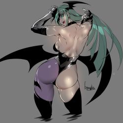 Rule 34 | 1girl, alternate costume, animal print, ass, ass cutout, asymmetrical ass, asymmetrical ass cutout, asymmetrical clothes, bare back, bare shoulders, bat print, bat wings, blue eyes, bowalia, breasts, clothing cutout, demon girl, elbow gloves, fang, from behind, gloves, green hair, grey background, half ass, head wings, leotard, lipstick, long hair, looking at viewer, looking back, low wings, makeup, medium breasts, morrigan aensland, muscular, muscular female, one ass cheek out, open mouth, pantyhose, print pantyhose, purple lips, purple pantyhose, shiny skin, simple background, single leg pantyhose, single pantsleg, smile, solo, standing, thong, vampire (game), wings