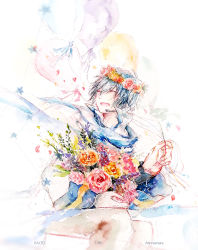 Rule 34 | 1boy, absurdres, anniversary, aquarius (constellation), azusa415, balloon, bouquet, character name, closed eyes, commentary, constellation, english commentary, flower, flower wreath, highres, holding, holding balloon, kaito (vocaloid), male focus, open mouth, outstretched arm, painting (medium), petals, rose, sitting, smile, solo, star (symbol), traditional media, vocaloid, watercolor (medium)