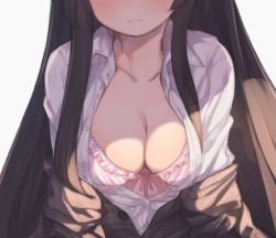 Rule 34 | 1girl, :d, blush, bow, bow bra, bra, breasts, brown cardigan, brown hair, cardigan, cleavage, closed mouth, collarbone, collared shirt, dress shirt, grey background, head out of frame, kuranami shiki, long hair, looking at viewer, medium breasts, natsuki teru, off shoulder, open cardigan, open clothes, open mouth, open shirt, original, pink bra, shirt, simple background, smile, solo, underwear, upper body, very long hair, white shirt