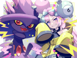 Rule 34 | 1girl, character hair ornament, commentary request, creatures (company), game freak, gen 4 pokemon, green hair, grey shirt, grin, hair ornament, highres, iono (pokemon), jacket, koyama rikako, looking at viewer, mismagius, multicolored hair, nintendo, pink hair, pokemon, pokemon (creature), pokemon sv, purple eyes, shirt, sleeveless, sleeveless shirt, sleeves past fingers, sleeves past wrists, smile, star (symbol), teeth, two-tone hair, yellow jacket