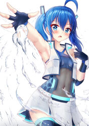 Rule 34 | 1girl, ahoge, armpits, bare shoulders, black gloves, blue eyes, blue hair, blue thighhighs, blush, breasts, commentary request, covered navel, fingerless gloves, gloves, hair between eyes, headgear, highres, hydrokinesis, looking at viewer, open clothes, open mouth, open vest, original, outstretched arm, prophosphere, simple background, skirt, small breasts, solo, thighhighs, twintails, vest, water, white background, white skirt, white vest