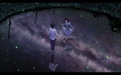 Rule 34 | 1boy, 1girl, black hair, clothes lift, couple, dress shirt, fireflies, grass, hetero, highres, letterboxed, lif (lif &amp; ref), long hair, milky way, night, original, pants, power lines, reflection, ripples, shirt, skirt, skirt lift, skirt set, sky, star (sky), starry sky, tanabata, utility pole, wading, water