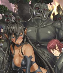 Rule 34 | 3girls, arrow (projectile), black bra, black gloves, black hair, black legwear, blue eyes, blush, bow (weapon), bra, breasts, choker, cleavage, commentary request, covered erect nipples, dark-skinned female, dark-skinned male, dark elf, dark skin, elbow gloves, elf, fire, forced, garter belt, garter straps, gloves, implied sex, lace, lace-trimmed legwear, lace bra, lace trim, lingerie, long hair, mohawk, multiple girls, mushi gyouza, open mouth, orc, original, parted lips, pointy ears, rape, red eyes, red hair, role reversal, sharp teeth, short hair, smile, sweat, tears, teeth, thighhighs, underwear, weapon