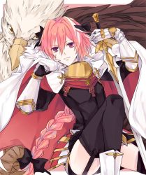 Rule 34 | 1boy, 9tsumura, androgynous, astolfo (fate), bird, braid, cape, fate/apocrypha, fate/grand order, fate (series), hair intakes, hair ribbon, hippogriff, long hair, looking at viewer, male focus, pink hair, purple eyes, ribbon, single braid, smile, sword, trap, weapon