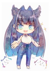 Rule 34 | 1girl, :d, animal ears, asashi kaede, black hair, blue eyes, blue hair, blunt bangs, blush, boros (ouro kronii), breasts, cat ears, chibi, commentary, denim, detached sleeves, fangs, full body, gradient hair, hair intakes, high-waist pants, high heels, highres, hime cut, hololive, hololive english, jeans, large breasts, long hair, long sleeves, looking at viewer, multicolored hair, official alternate costume, official alternate hair length, official alternate hairstyle, open mouth, ouro kronii, ouro kronii (casual), pants, shirt, sidelocks, smile, solo, very long hair, virtual youtuber, watercolor effect, white shirt