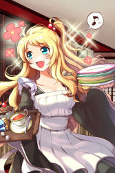 Rule 34 | apron, blonde hair, blue eyes, collarbone, cup, cupcake, fang, flower, food, frills, glowing, holding, japanese clothes, kimono, lolita fashion, long hair, lowres, maid, maid apron, musical note, open mouth, plate, scrunchie, solo, spoon, sword girls, teacup, very long hair, wa lolita, wa maid, wooni
