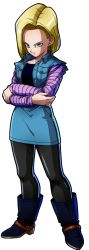 Rule 34 | 1girl, android 18, belt, black pantyhose, blonde hair, blue eyes, blue skirt, blue vest, boots, crossed arms, dragon ball, dragon ball fighterz, dragonball z, earrings, full body, highres, jewelry, official art, pantyhose, recolor, recolored, serious, short hair, skirt, solo, vest, white background