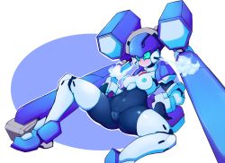 Rule 34 | 1girl, android, blazermate, blue eyes, blue hair, blush, breasts, highres, lying, medarot, nipples, no mouth, no nose, on back, pussy, rcake, robot, spread legs, steam, twintails