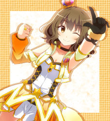Rule 34 | 1girl, ;), armband, asymmetrical sleeves, black gloves, border, brown eyes, brown hair, chain, choker, clenched hand, collarbone, corset, cropped jacket, crown, detached sleeves, drop shadow, dutch angle, fur-trimmed gloves, fur trim, gloves, gradient background, idolmaster, idolmaster cinderella girls, jacket, jewelry, mini crown, namiki meiko, one eye closed, open clothes, open jacket, orange border, pochita (pochitaiko), pointing, ring, short hair, shorts, single glove, sleeveless, sleeveless jacket, smile, solo, star (symbol), uneven sleeves, white shorts