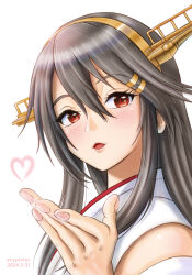 Rule 34 | 1girl, black hair, blowing kiss, detached sleeves, gold hairband, hairband, haruna (kancolle), headgear, heart, highres, japanese clothes, kantai collection, lips, long hair, looking at viewer, nontraditional miko, red eyes, simple background, skypixter, solo, white background