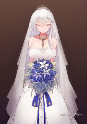 Rule 34 | 1girl, absurdres, alternate costume, azur lane, bare shoulders, belfast (azur lane), belfast (the pledge of claddagh) (azur lane), belfast (the pledge of claddagh) (azur lane), blush, bouquet, braid, breasts, bride, chain, character name, cleavage, closed eyes, closed mouth, collar, collarbone, dress, earrings, female focus, flower, french braid, gloves, gradient background, highres, holding, holding bouquet, jewelry, large breasts, long hair, maid, sidelocks, silver hair, simple background, smile, solo, strapless, strapless dress, tiara, wedding dress, white dress, white gloves, yukineko