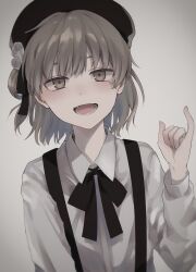 Rule 34 | 1girl, arm at side, beret, black hat, black ribbon, brown eyes, brown hair, collared shirt, commentary, dress shirt, fangs, floating hair, flower, grey background, grey shirt, hair flower, hair ornament, hair ribbon, half-closed eyes, hand up, hat, hatoba tsugu, highres, kuu (abc823), leaning to the side, long sleeves, looking at viewer, medium hair, mole, mole under eye, neck ribbon, open mouth, pinky out, pinky swear, ribbon, rose, shirt, simple background, single hair ring, smile, solo, suspenders, tsugu (vtuber), upper body, virtual youtuber, white flower, white rose
