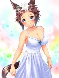 Rule 34 | 1girl, animal ears, bare shoulders, blush, breasts, brown hair, cleavage, clothes lift, cowboy shot, dress, dress lift, frilled dress, frills, grey hair, highres, horse ears, horse girl, horse tail, large breasts, looking at viewer, mejiro ryan (umamusume), multicolored background, multicolored hair, short hair, sideboob, smile, solo, streaked hair, sugimotty nova, tail, teeth, umamusume, white dress