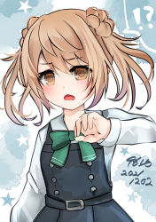 Rule 34 | !?, 1girl, 9610 (kuroto), bamboo shoot, bow, bowtie, chestnut mouth, commentary request, dated, double bun, dress, green bow, green bowtie, hair bun, highres, kantai collection, light brown hair, long hair, long sleeves, looking at viewer, michishio (kancolle), michishio kai ni (kancolle), one-hour drawing challenge, pinafore dress, shirt, short twintails, sleeveless, sleeveless dress, solo, twintails, white shirt