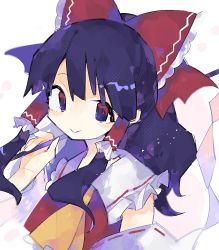 Rule 34 | 1girl, ascot, black eyes, black hair, bow, closed mouth, commentary, detached sleeves, frilled bow, frilled hair tubes, frills, gohei, hair bow, hair tubes, hakurei reimu, hatsushiro mamimu, holding, holding gohei, long hair, looking at viewer, multicolored eyes, portrait, red bow, red eyes, red vest, ribbon-trimmed sleeves, ribbon trim, sidelocks, smile, solo, touhou, vest, white sleeves, yellow ascot
