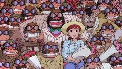 Rule 34 | 1girl, animated, animated gif, bouquet, fio piccolo, flower, formal, goggles, group picture, hat, hitting, kurenai no buta, lowres, mamma aiuto gang, multiple boys, ponytail, red hair, sitting, smile, teeth