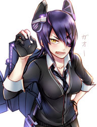 Rule 34 | 10s, 1girl, bad id, bad pixiv id, eyepatch, fang, fingerless gloves, gloves, hand on own hip, headgear, kantai collection, kuzushima, looking at viewer, machinery, necktie, open mouth, personification, purple hair, scabbard, sheath, short hair, solo, sword, tenryuu (kancolle), translated, weapon, yellow eyes