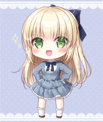 Rule 34 | 1girl, :d, black bow, blonde hair, blue background, blue dress, blush, bow, brown footwear, commentary request, commission, dress, frilled dress, frilled socks, frills, full body, green eyes, hair between eyes, hair bow, hands on own hips, highres, kohinata hoshimi, layered dress, long hair, long sleeves, looking at viewer, open mouth, original, pixiv commission, pleated dress, polka dot, polka dot background, puffy long sleeves, puffy sleeves, shoes, sleeves past wrists, smile, socks, solo, sparkle, standing, very long hair, white socks