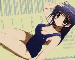 Rule 34 | 1girl, arm up, black eyes, blue hair, blush, breasts, chair, cleavage, hand up, large breasts, long hair, mitsumi misato, one-piece swimsuit, school swimsuit, solo, swimsuit, wet