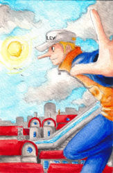 Rule 34 | 1boy, baseball cap, building, canal, city, hat, jumping, kaku (one piece), long nose, male focus, one piece, outdoors, painting (medium), raglan sleeves, scenery, solo, traditional media, water, water 7, watercolor (medium)