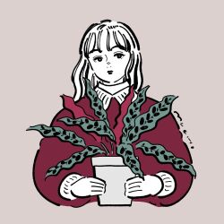 Rule 34 | 1girl, bad source, closed mouth, cropped torso, flat color, flower pot, grey background, highres, holding, holding flower pot, long hair, long sleeves, looking at viewer, muchi (muchiiiko), original, partially colored, plant, potted plant, red sweater, signature, simple background, solo, sweater, upper body, wavy hair