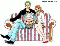 Rule 34 | 10s, 1boy, 1girl, 2015, black shirt, couch, denim, earrings, green hair, hat, jeans, jewelry, crossed legs, long hair, nami (one piece), necktie, new year, one-eyed, one piece, orange hair, pants, red footwear, reindeer, roronoa zoro, ruffled shirt, shirt, shoes, sitting, skirt, smile, striped upholstery, tony tony chopper, white shirt