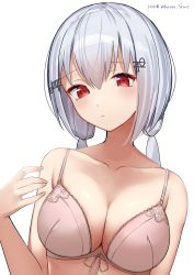 Rule 34 | 1girl, absurdres, bare arms, bare shoulders, blush, bow, bow bra, bra, breasts, cleavage, closed mouth, collarbone, commentary request, hair between eyes, hair ornament, hairclip, hakase fuyuki, highres, hirota fruit, long hair, low twintails, medium breasts, nijisanji, pink bra, red eyes, silver hair, simple background, solo, twintails, twitter username, underwear, underwear only, upper body, virtual youtuber, white background