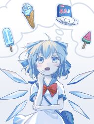 Rule 34 | 1girl, alternate costume, bag, blue bag, blue bow, blue eyes, blue hair, blue sailor collar, bow, bowtie, breasts, cirno, cowboy shot, detached wings, dress, fang, finger to mouth, food, hair bow, hand on own elbow, highres, lbcirno9, medium hair, open mouth, popsicle, red bow, red bowtie, sailor collar, sailor dress, short sleeves, shoulder bag, small breasts, solo, thinking, thought bubble, touhou, watermelon bar, white background, white dress, wings