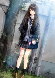 Rule 34 | 1girl, black jacket, black socks, blazer, blue necktie, blush, brown footwear, brown hair, buttons, cardigan, closed mouth, collared shirt, commentary request, day, dutch angle, full body, grass, green eyes, grey cardigan, grey skirt, hair ornament, hairclip, hands in pockets, highres, jacket, kazuharu kina, light particles, loafers, long hair, looking at viewer, miniskirt, necktie, open clothes, open jacket, original, outdoors, plaid, plaid skirt, pleated skirt, school uniform, shirt, shoes, signature, skirt, smile, socks, solo, standing, striped necktie, striped neckwear, tree, white shirt, wing collar